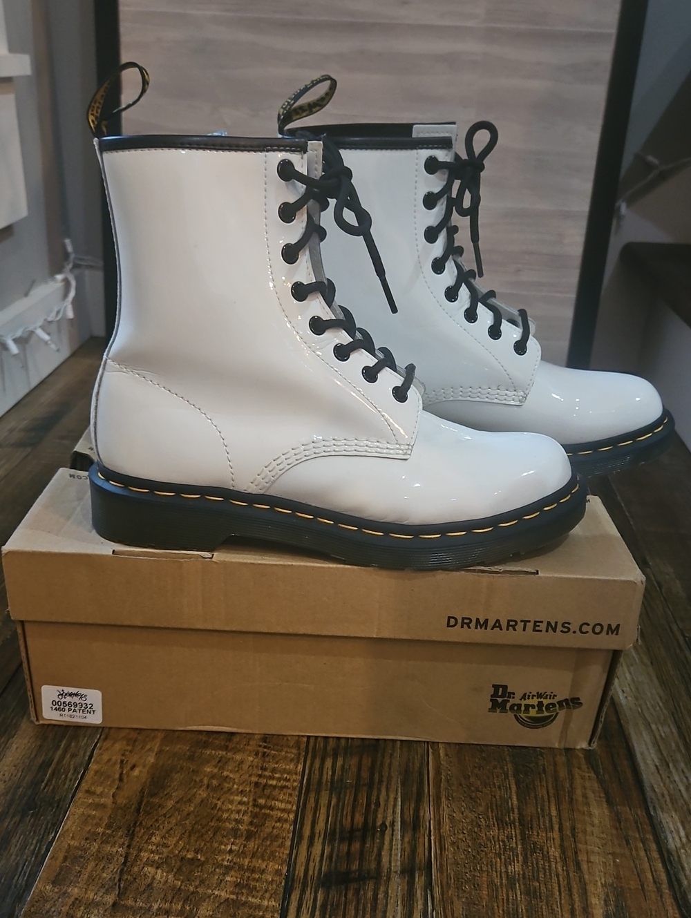 Dr. Martens Womens White Patent 8-Eye Lace-Up Combat Boots with Black Trim